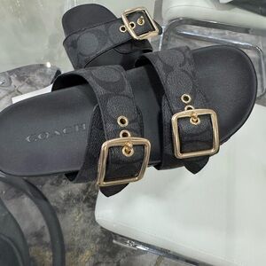 Coach Black Monogram Double Buckle Slide Sandals